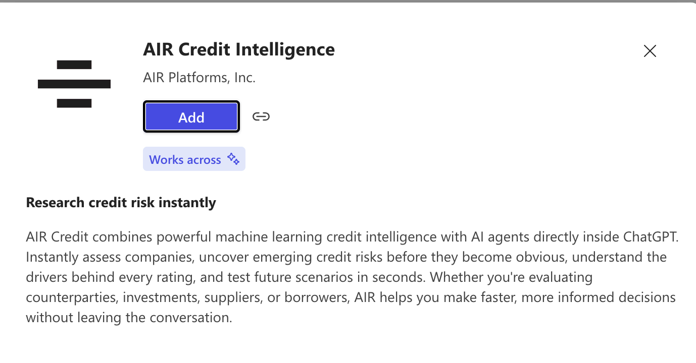 AIR Credit Intelligence listing inside the ChatGPT Agent Store.