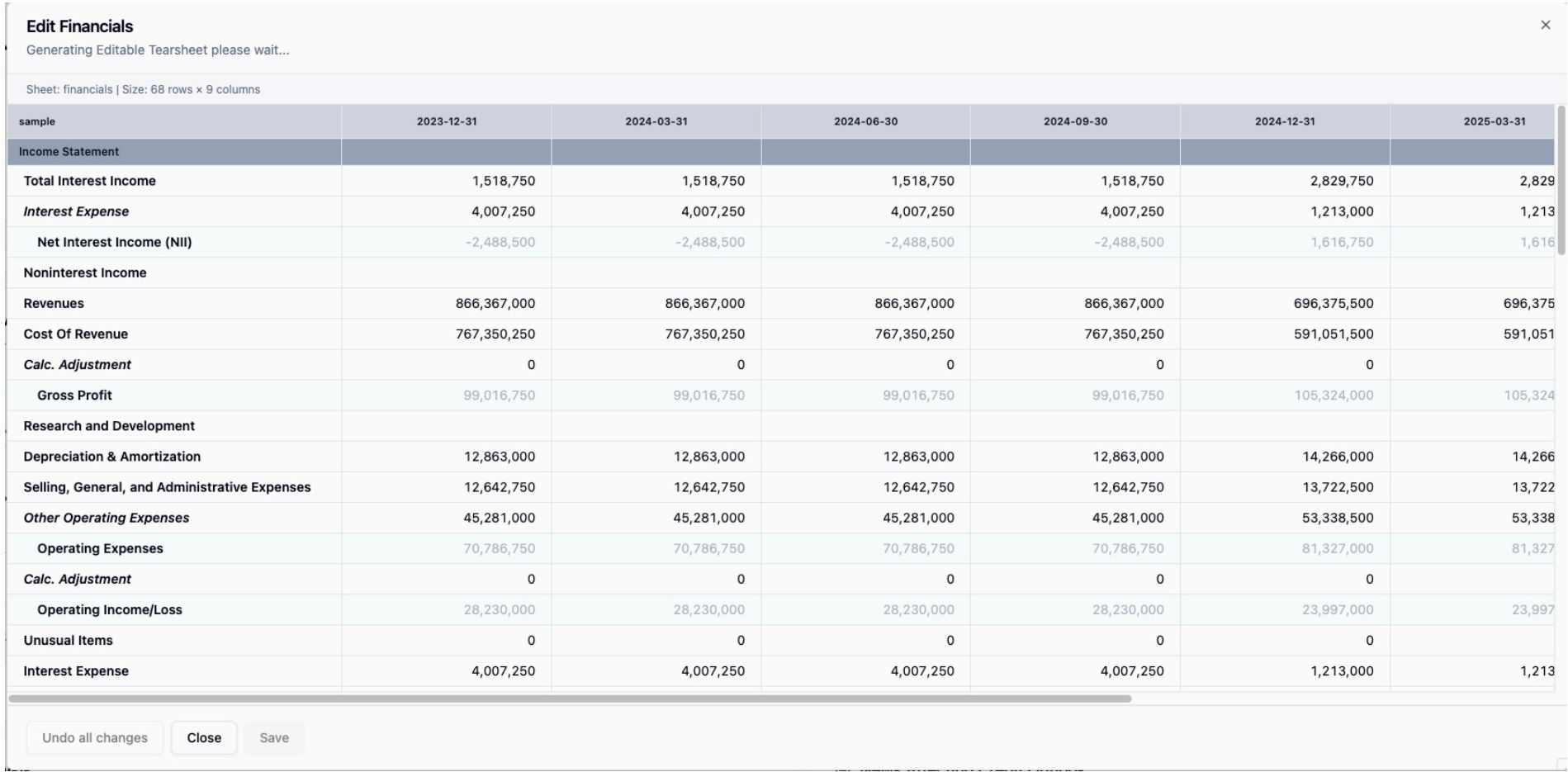Editable financial statement interface inside AIR for a user-added company.