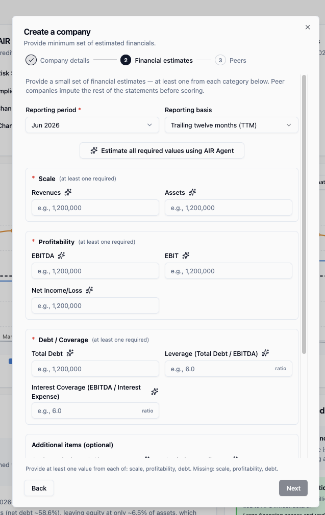 The Create a company flow in AIR, on the financial estimates step, with fields for scale, profitability, and debt or coverage and a button to estimate all required values using AIR Agent.