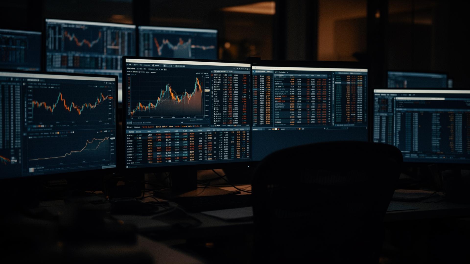 Buy-side credit research desk at night with multiple monitors showing spread charts and watchlists