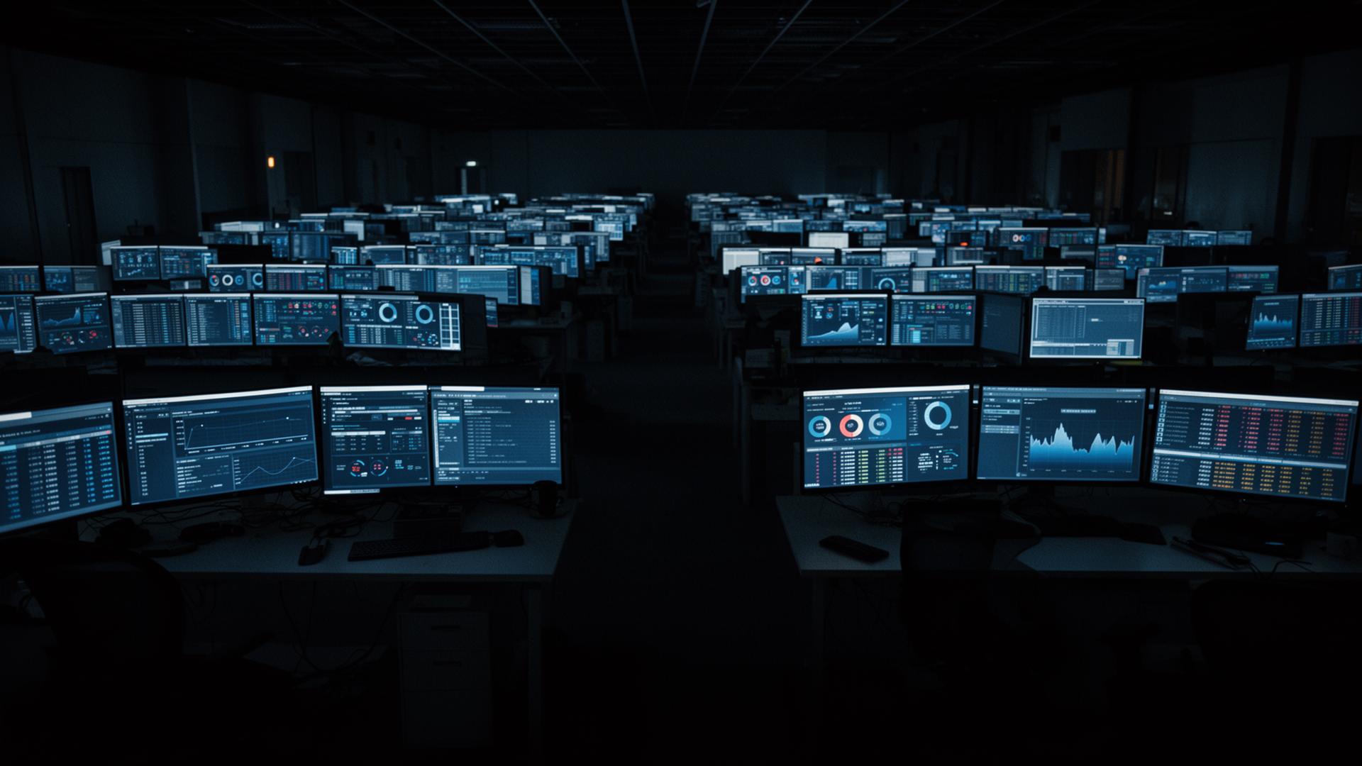 Custody operations floor in low light with rows of workstations and monitoring dashboards