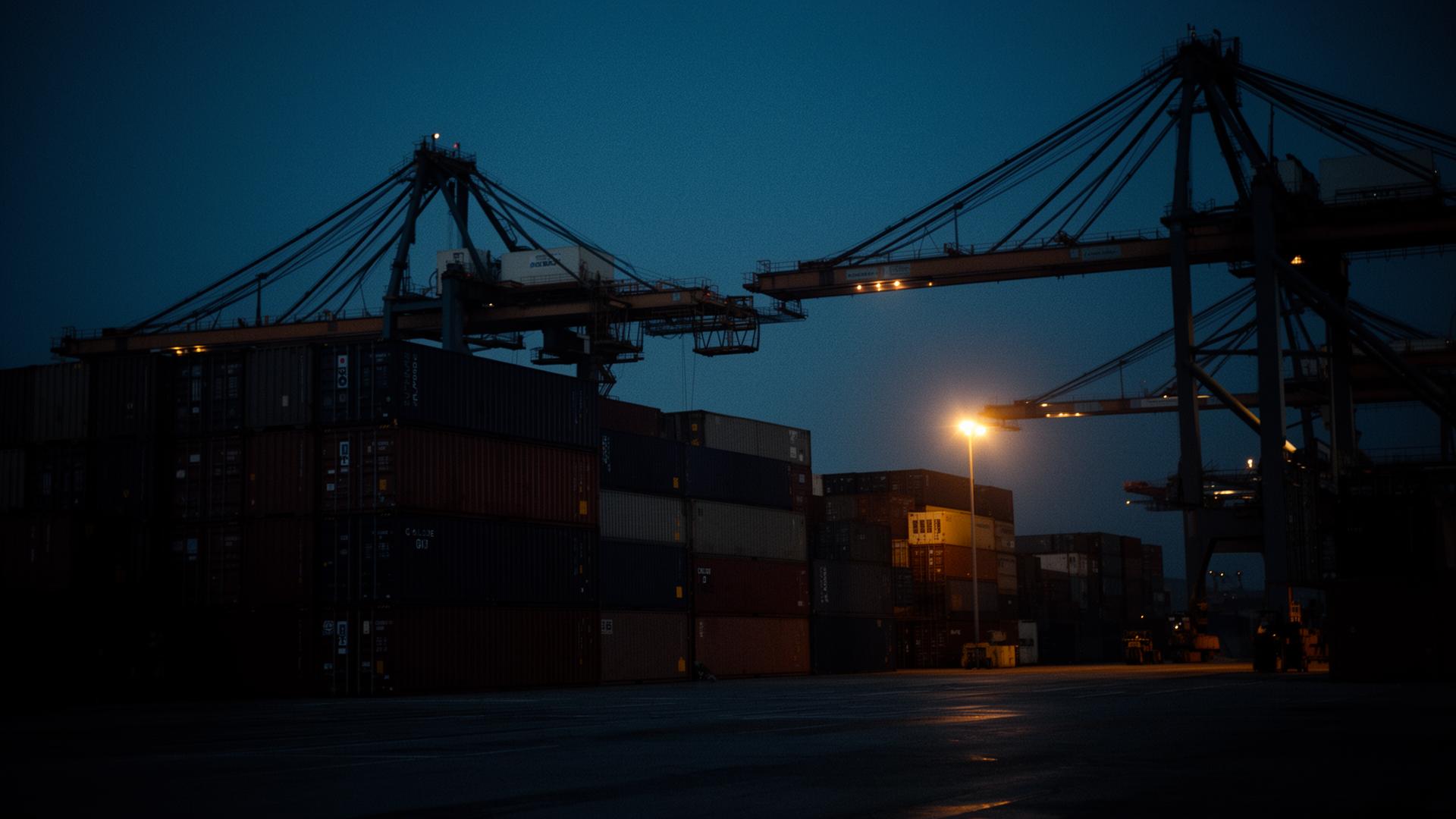Global container shipping port at dusk with stacked containers and gantry cranes