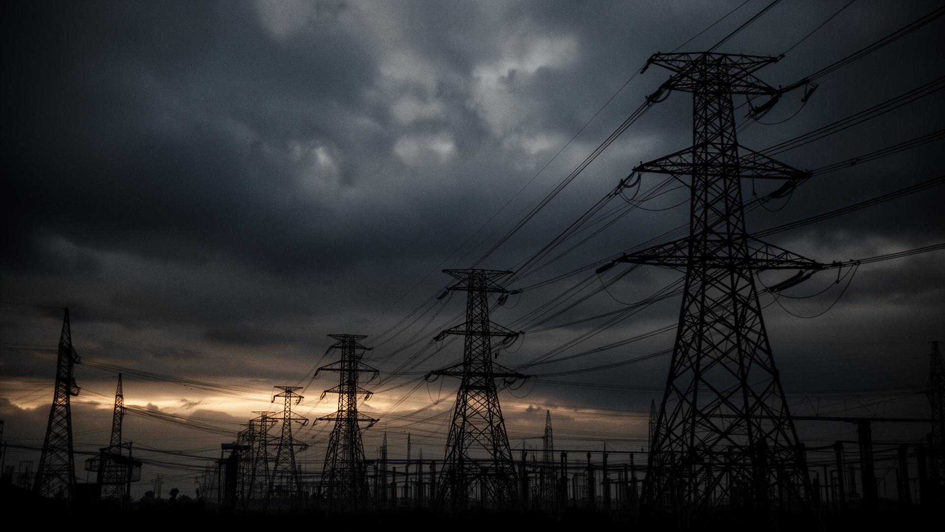 High voltage transmission towers silhouetted against a stormy twilight sky