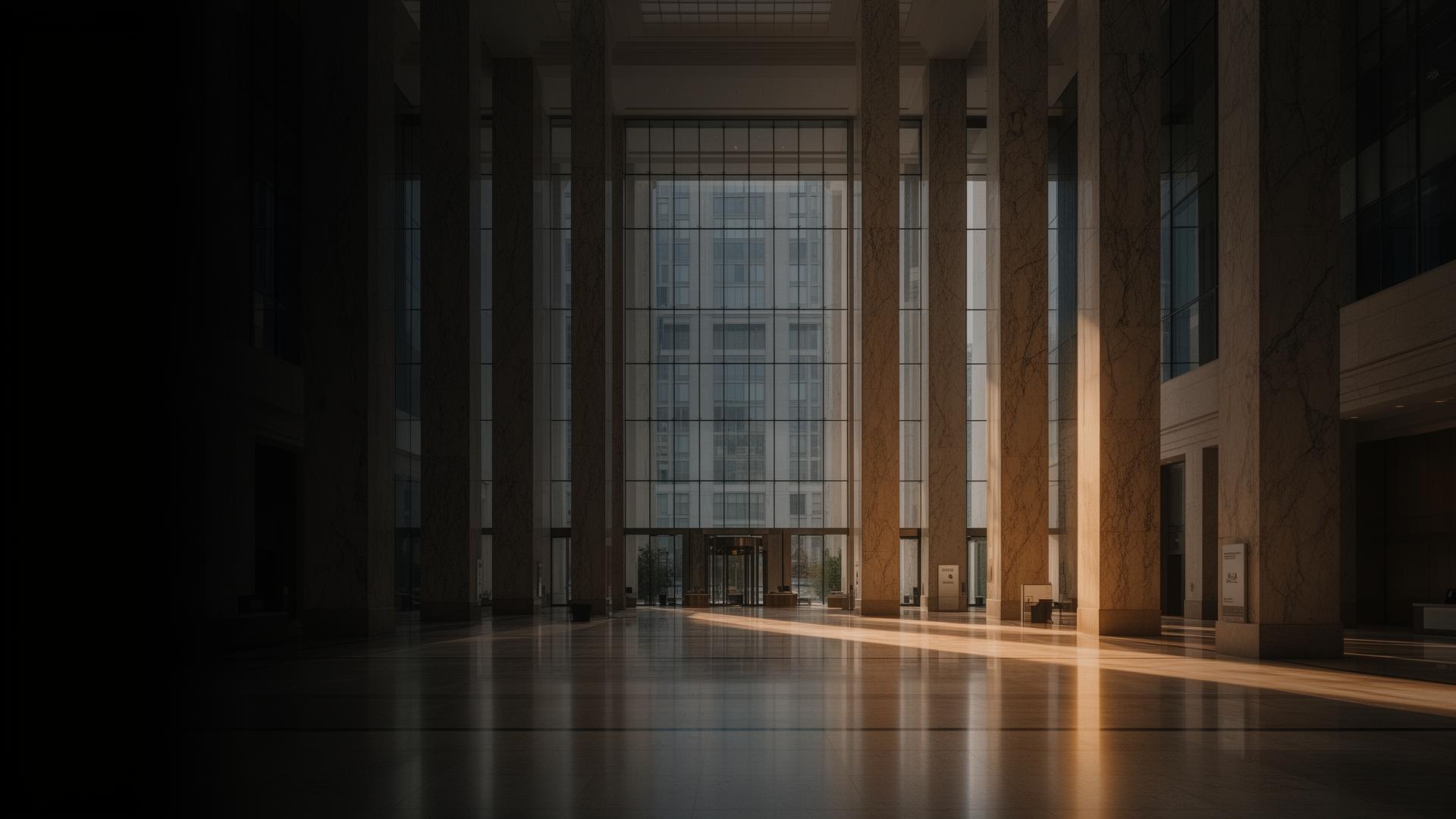 Modern institutional bank lobby with marble columns and tall glass facade