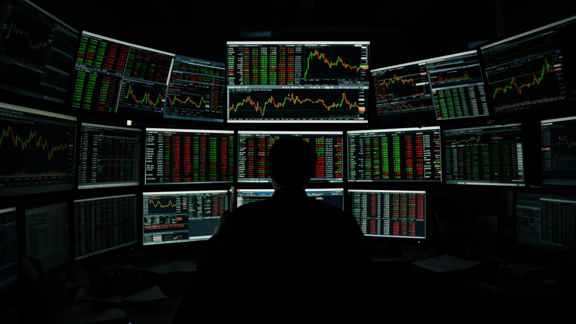 Trading floor at night with a wall of monitors showing real time market data