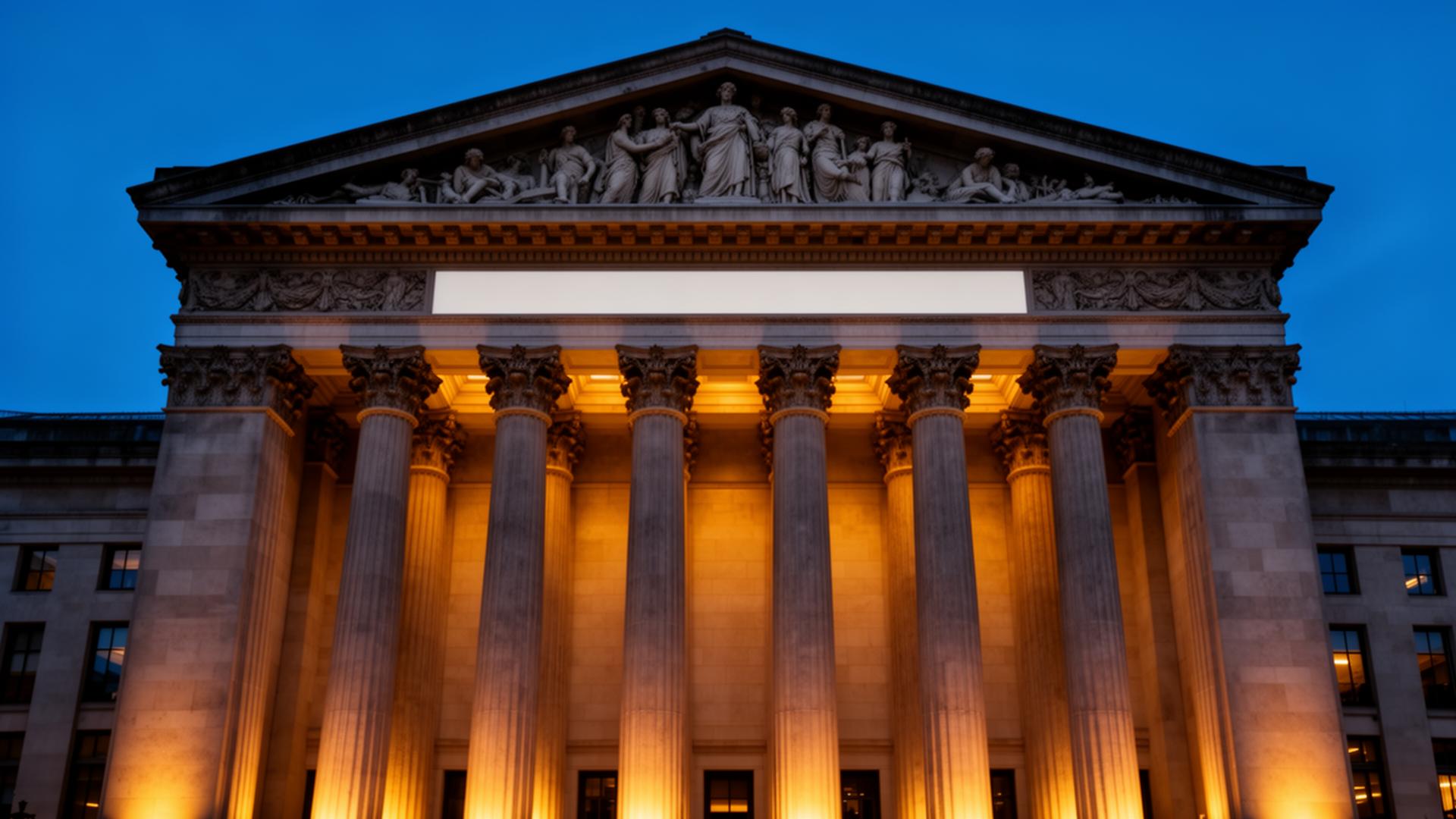 Classical insurance industry building façade at dusk with stone columns and ornate pediment