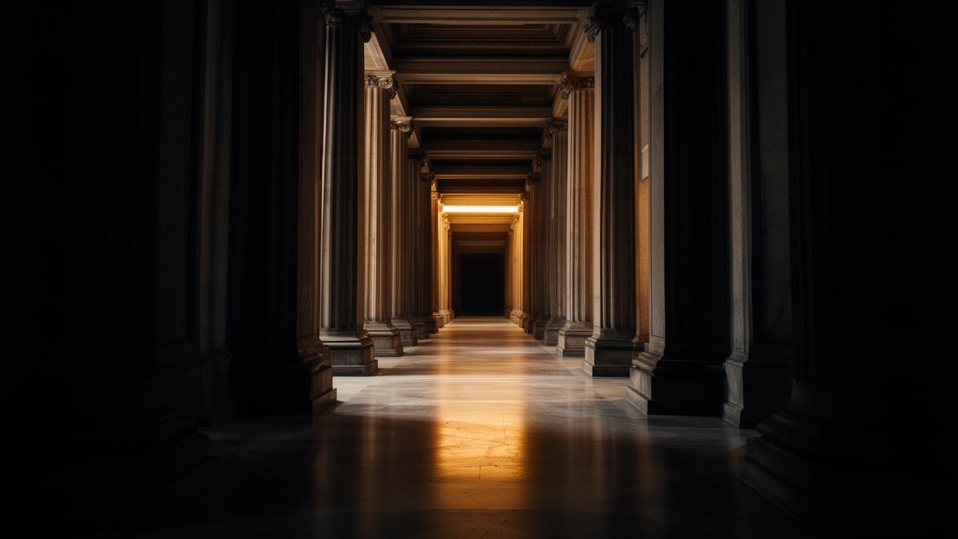 Long architectural corridor with classical columns receding into a warm pool of light
