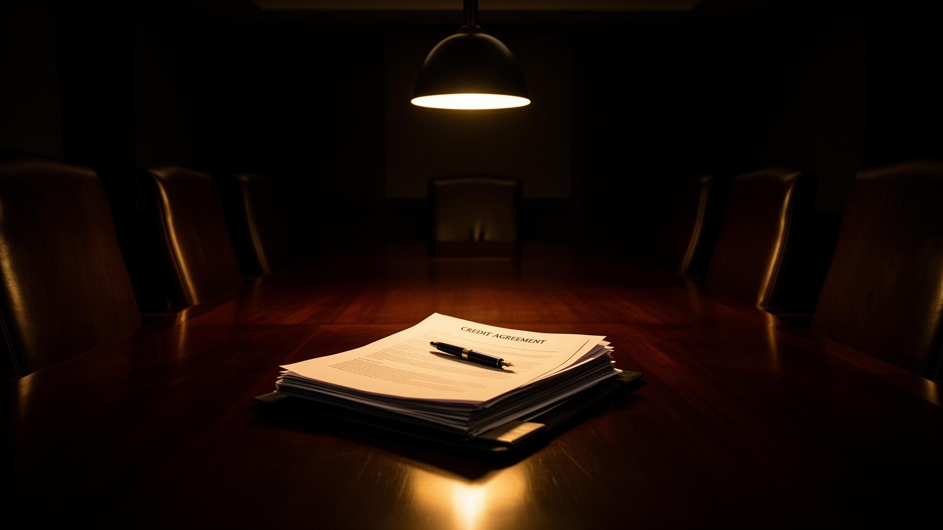 Dimly lit executive boardroom with credit agreement documents on a polished dark wood table