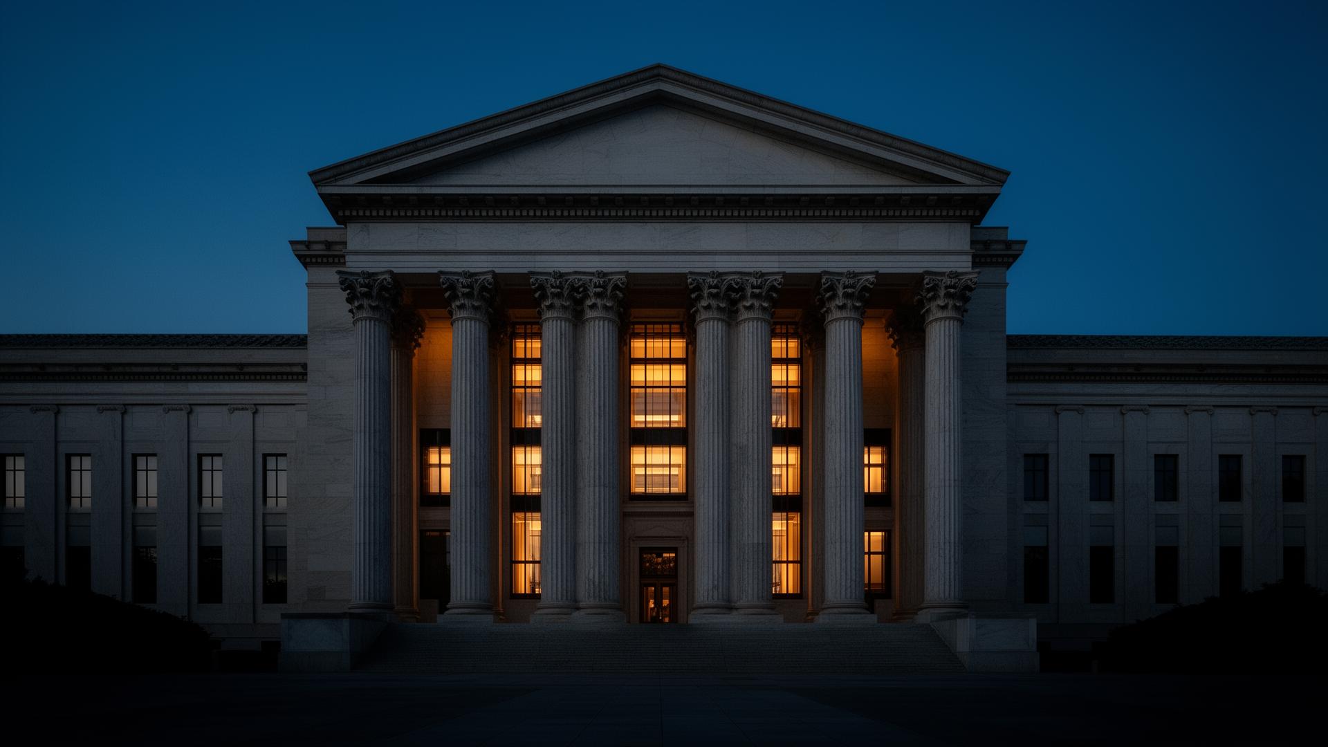 Classical central bank building exterior at dusk with marble columns