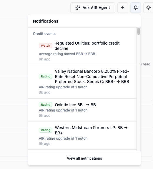 The AIR notifications panel showing credit events, including a regulated utilities portfolio credit decline and several one-notch AIR rating upgrades.