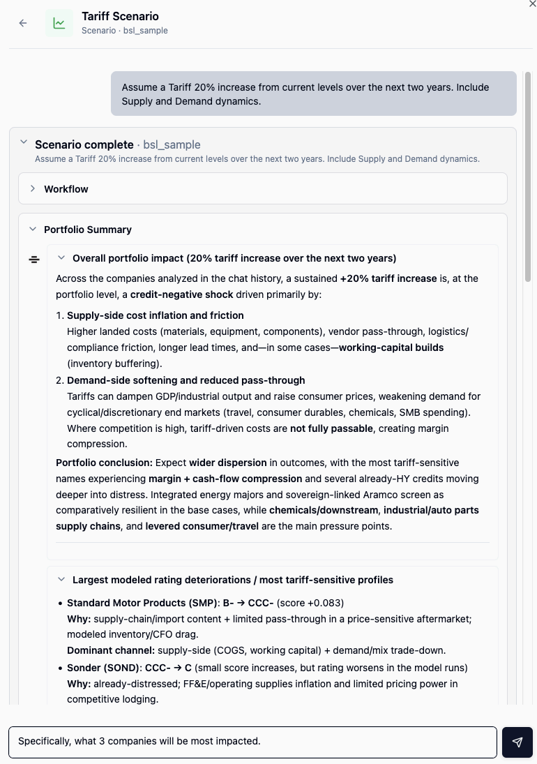 AIR Agent scenario chat showing a tariff scenario with a follow-up question about which companies will be most impacted.
